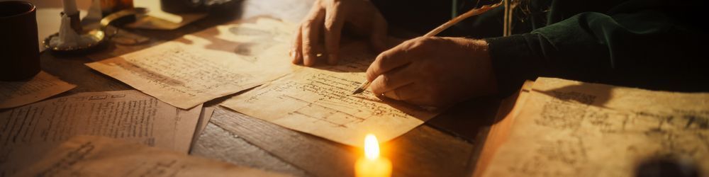 A person writes on parchment with a quill pen by candlelight. The table is scattered with handwritten papers and notes, creating a warm, historical ambiance.